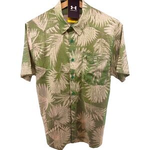 Under Armour Mens Medium Short Sleeve Button Up Shirt Green Palm Leaf UPF 30 NWT